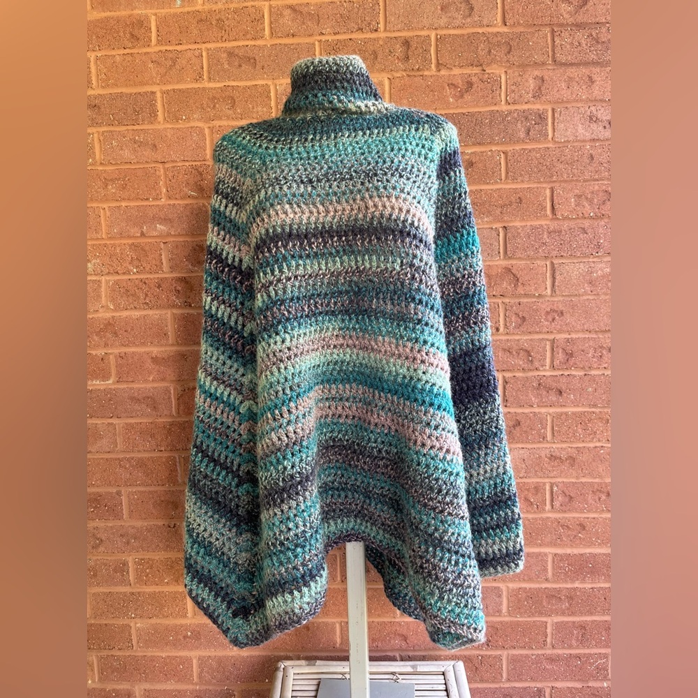 Handcrafted Knit Poncho, Blue & Purple Ombre Crew Neck, Asymmetrical Artsy Wrap